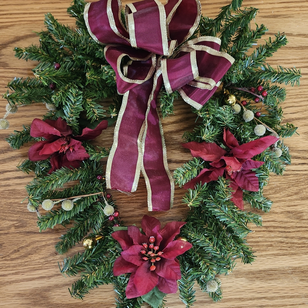 16" HEART SHAPED CHRISTMAS WREATH DARK RED & GOLD BOW.